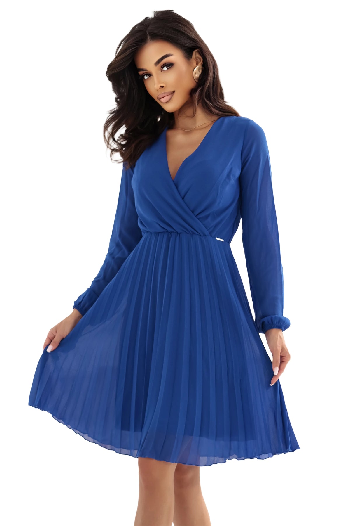 ISABELLE Elegant pleated dress with a neckline and long sleeves – Cornflower Blue
