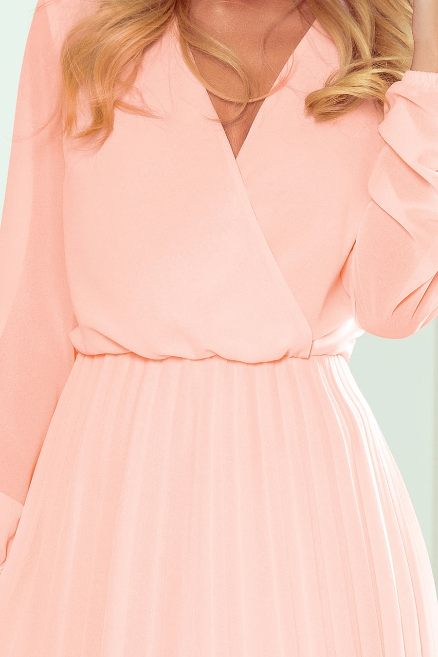 -SS2020 ISABELLE Pleated dress with neckline and long sleeve – Peach Color