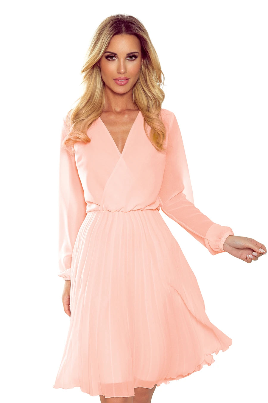 -SS2020 ISABELLE Pleated dress with neckline and long sleeve – Peach Color