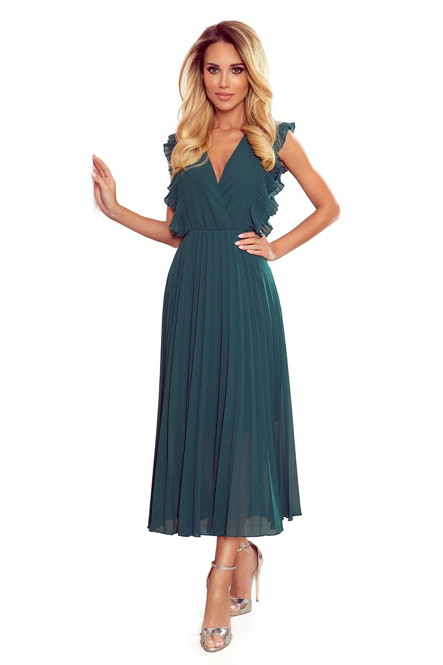 -SS2020 EMILY Pleated dress with frills and neckline – Green