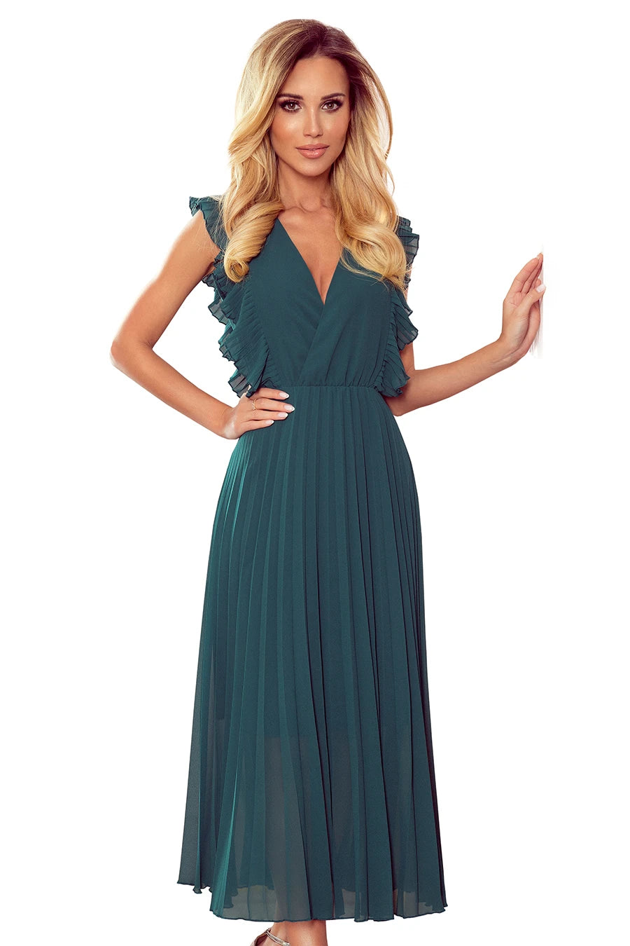 -SS2020 EMILY Pleated dress with frills and neckline – Green