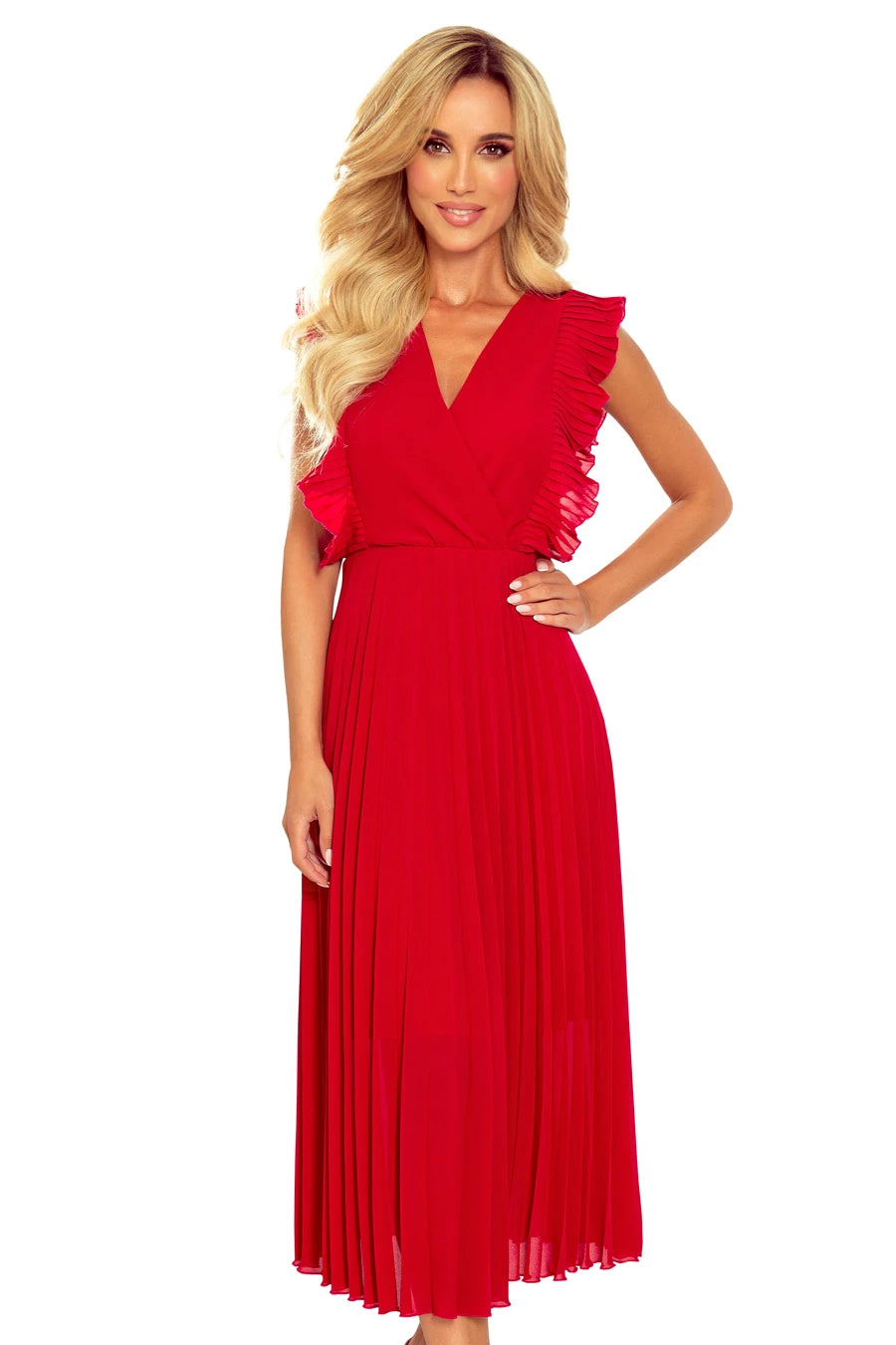 EMILY Pleated dress with frills and neckline – Red