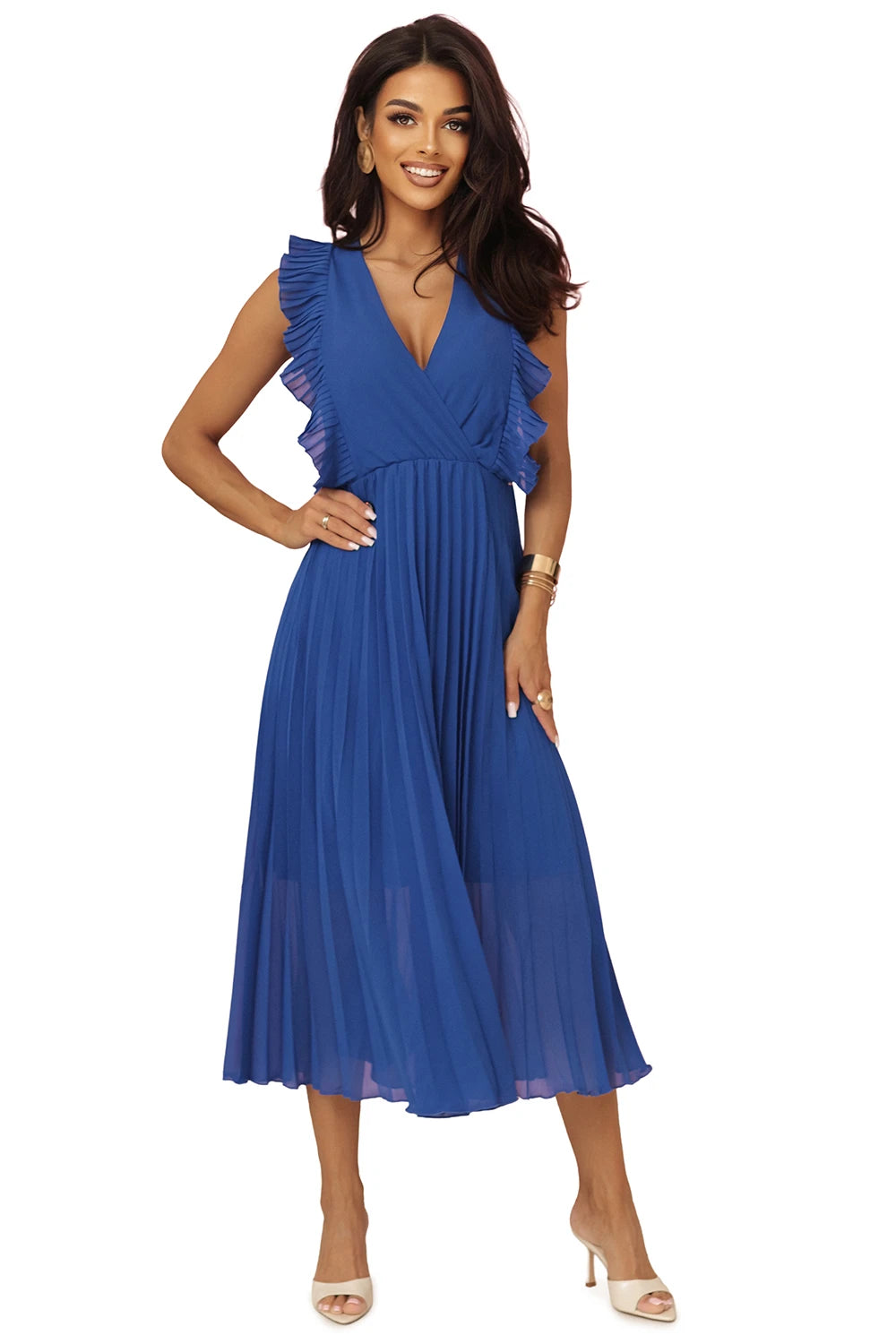 EMILY Pleated dress with ruffles and neckline – Cornflower Blue