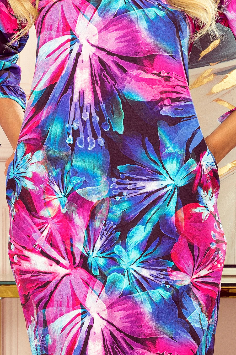 Comfortable OVERSIZE dress – Blue And Pink Flowers
