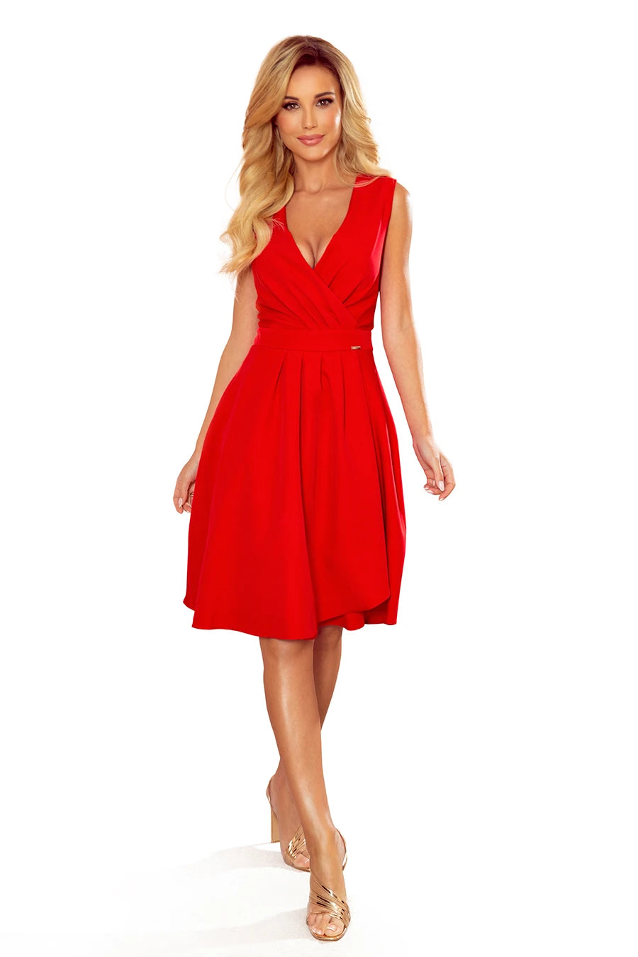ELLENA elegant dress with a neckline and pleats – Red