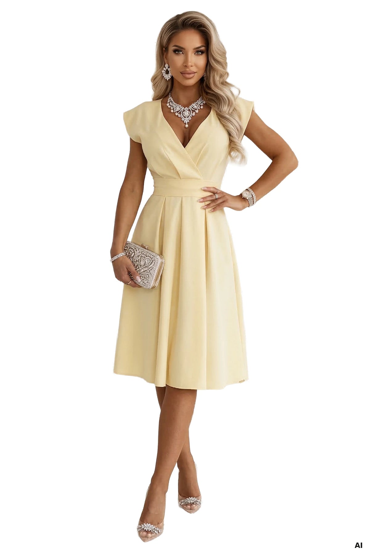 SCARLETT Flared Midi Dress with Wrap Neckline and Belt – Butter Yellow