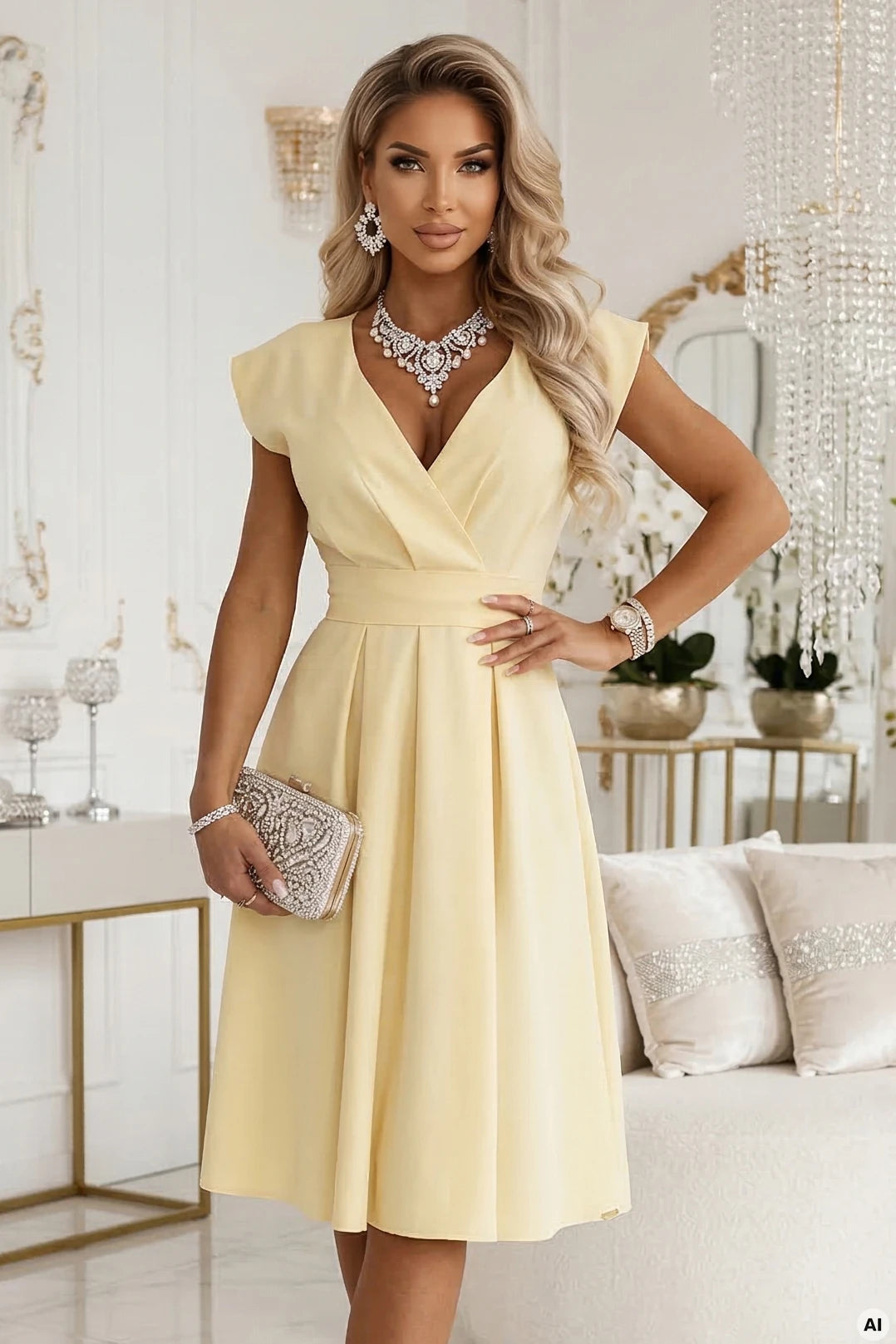 SCARLETT Flared Midi Dress with Wrap Neckline and Belt – Butter Yellow