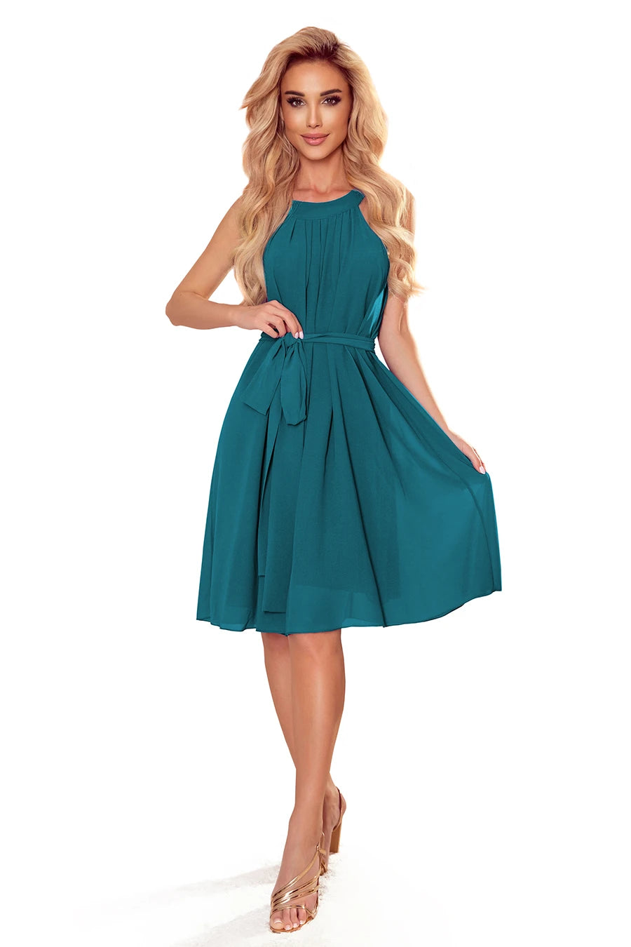 ALIZEE – chiffon dress with a binding – Sea color