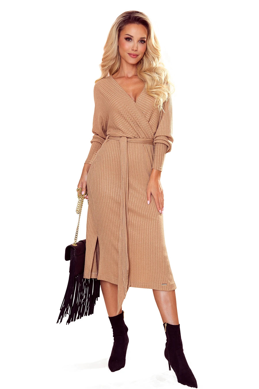 Wrap sweater dress with a binding – Beige Stripes