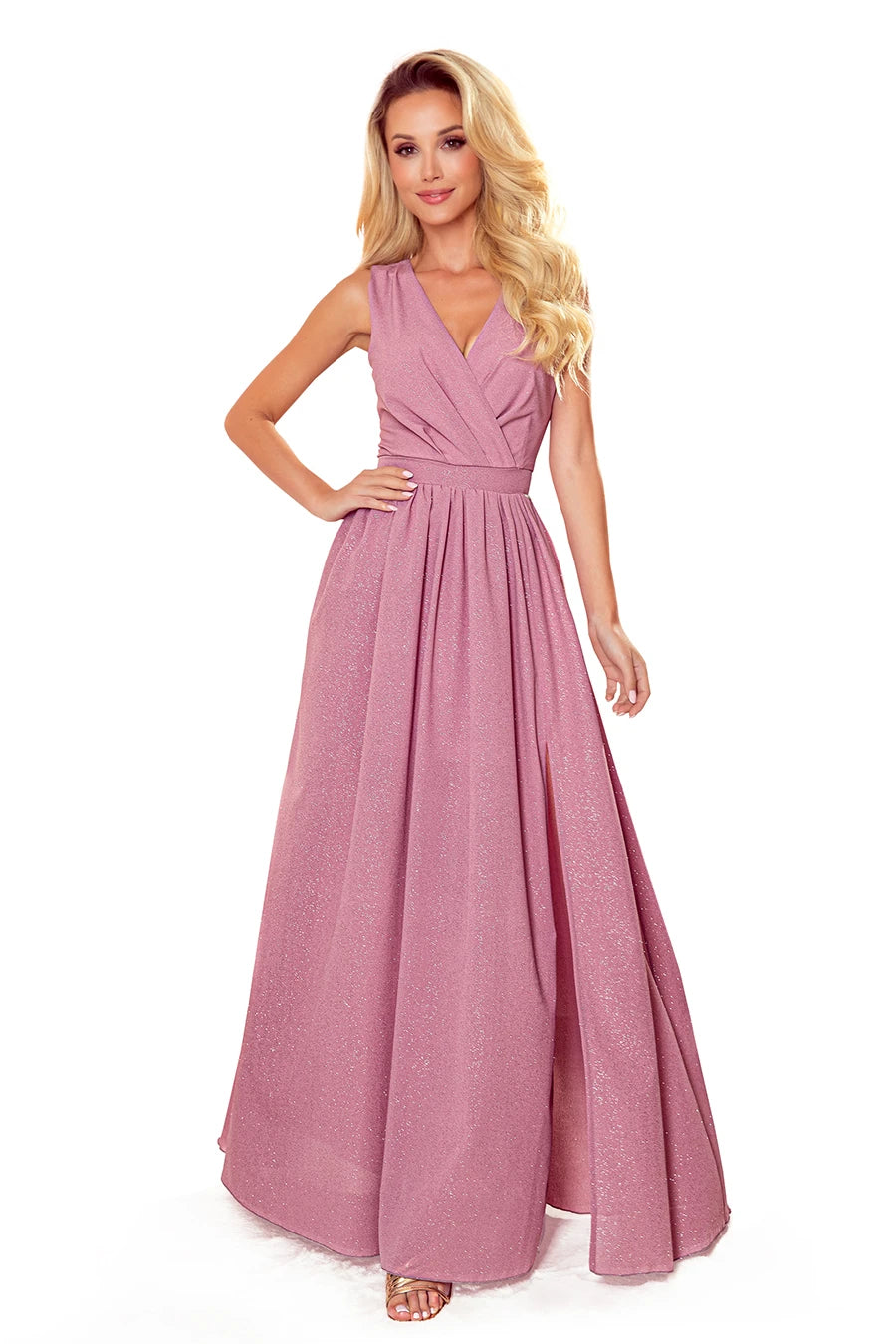 JUSTINE Long dress with a neckline and a tie – Powder Pink With Glitter