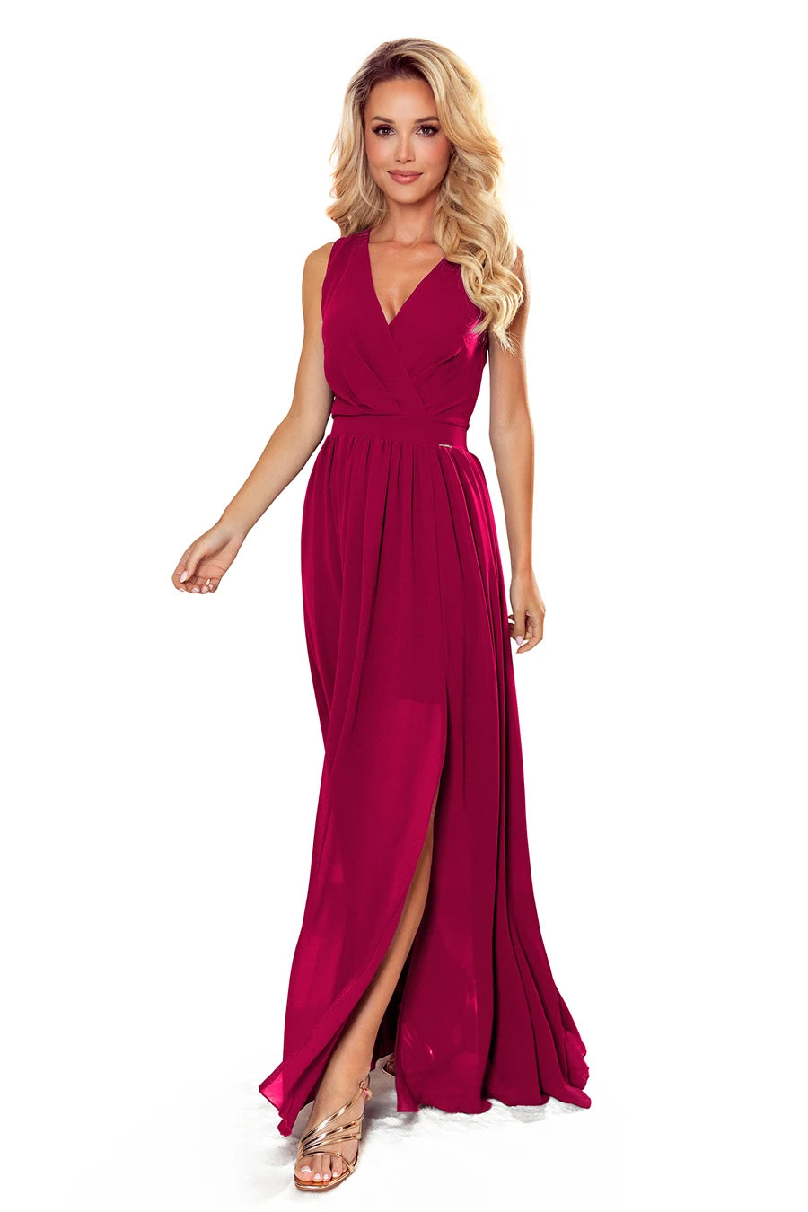 JUSTINE Long dress with a neckline and a tie – Burgundy Color