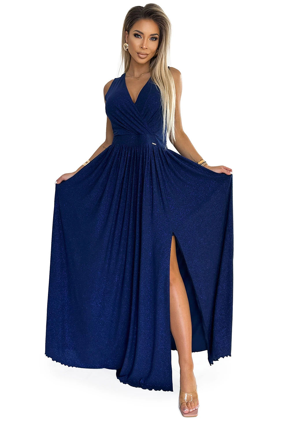 JUSTINE Long dress with a neckline and a tie at the back – Navy Blue With Glitter