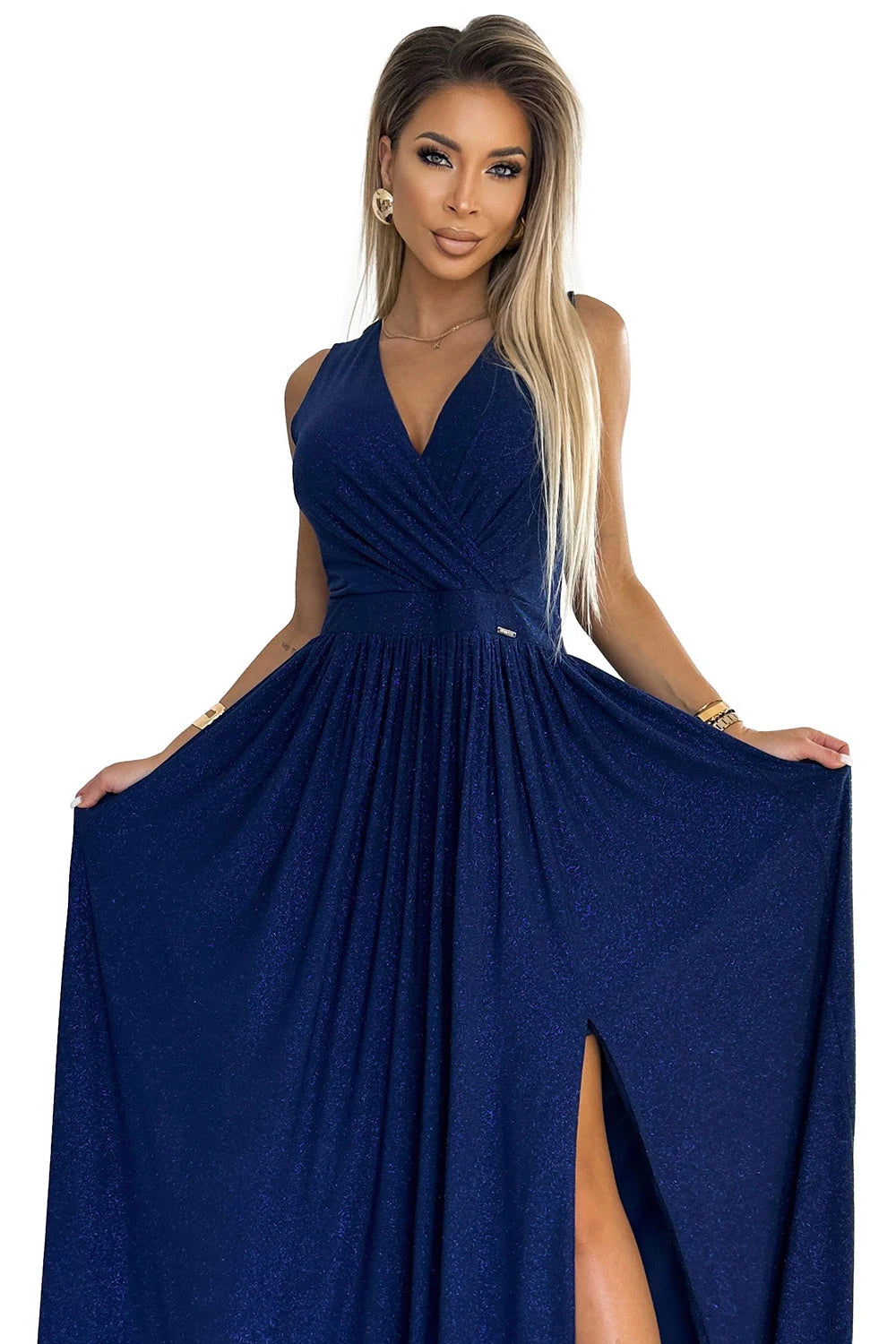 JUSTINE Long dress with a neckline and a tie at the back – Navy Blue With Glitter
