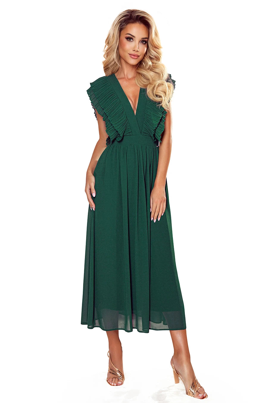 YANA Midi dress with pleated frills and a neckline – Green