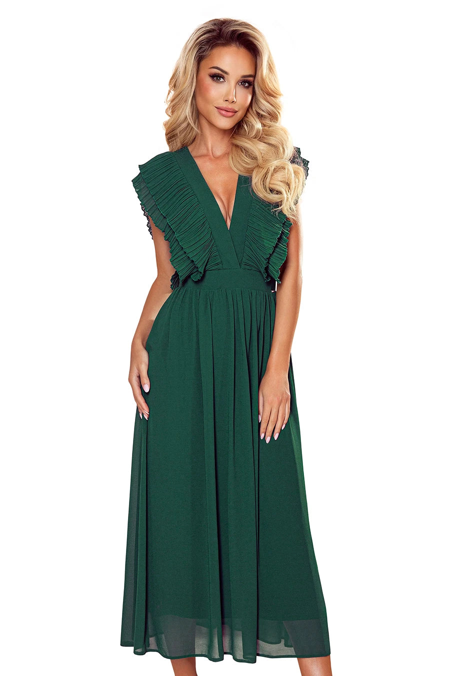 YANA Midi dress with pleated frills and a neckline – Green