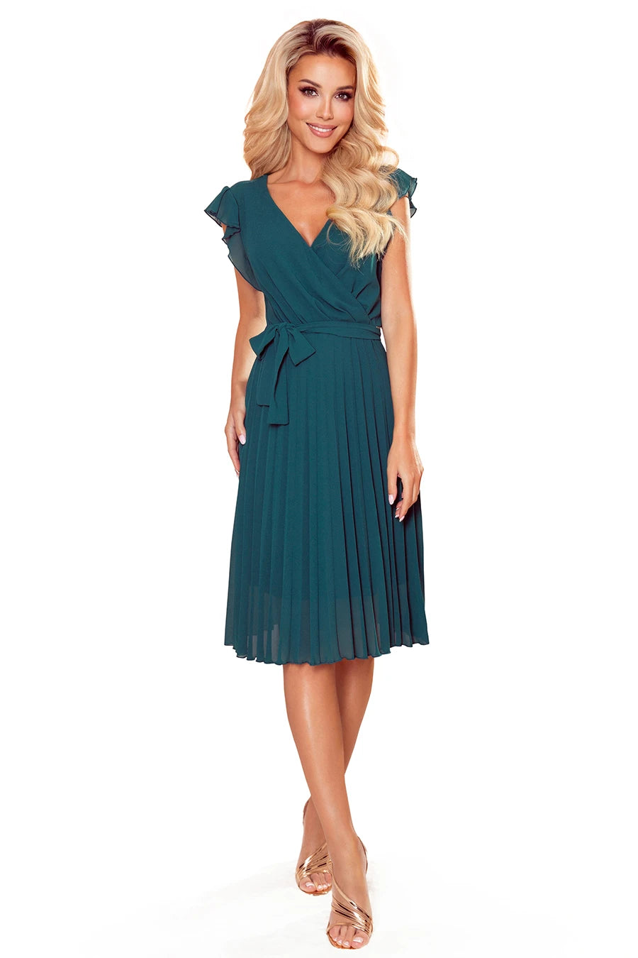 POLINA Pleated dress with a neckline and frills – Green