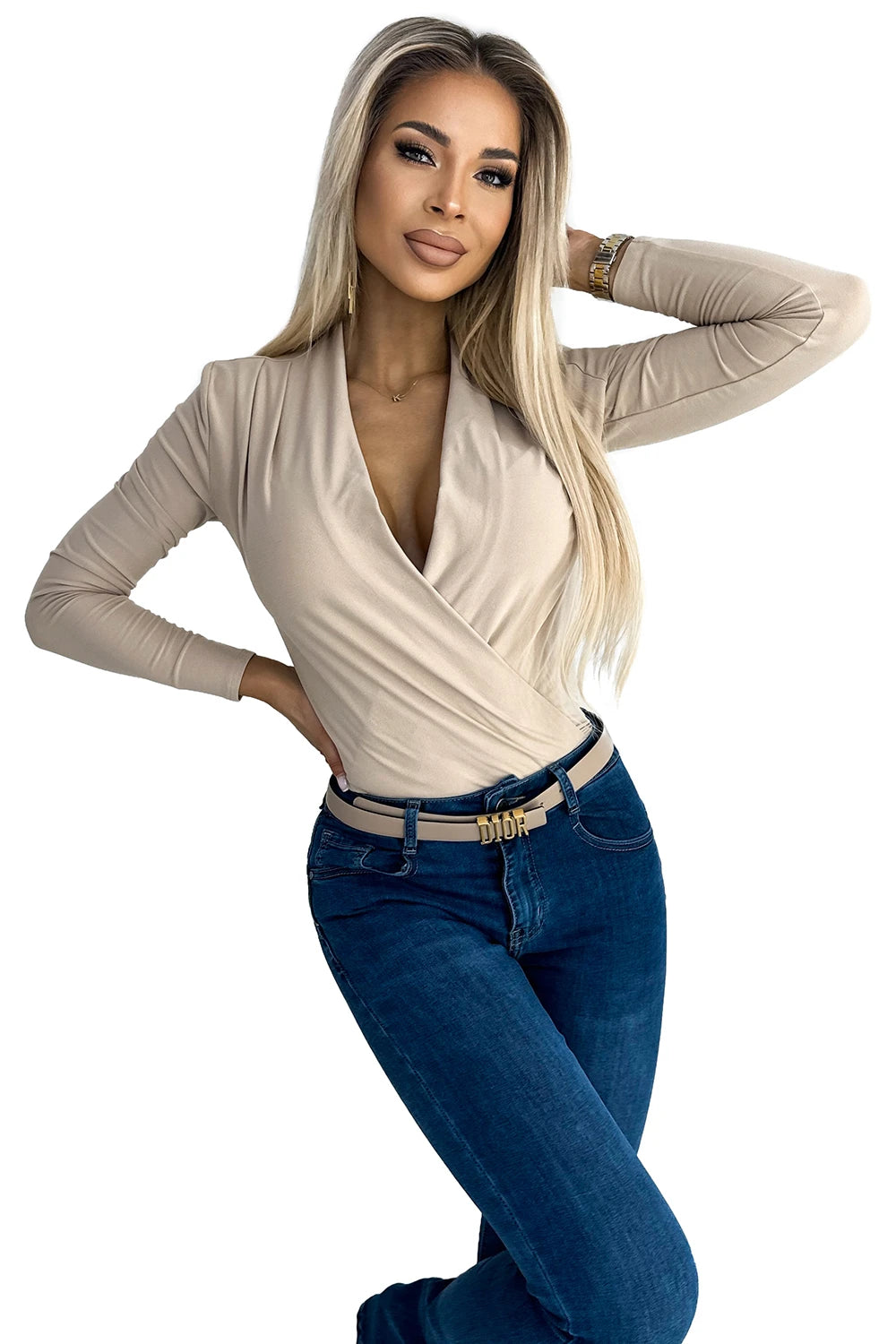 Bodysuit with envelope neckline – Beige