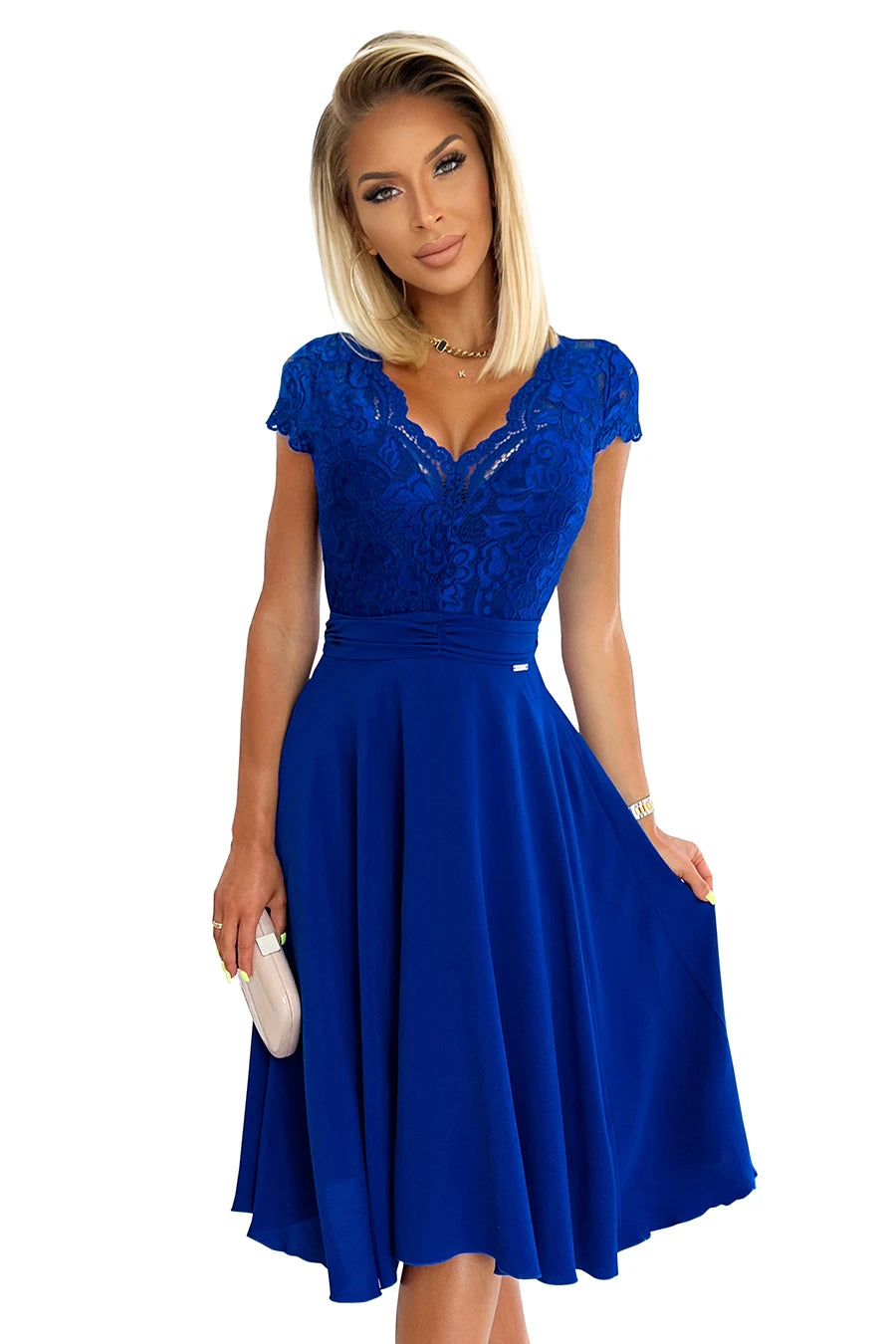 LINDA – chiffon dress with lace neckline – Royal Blue
