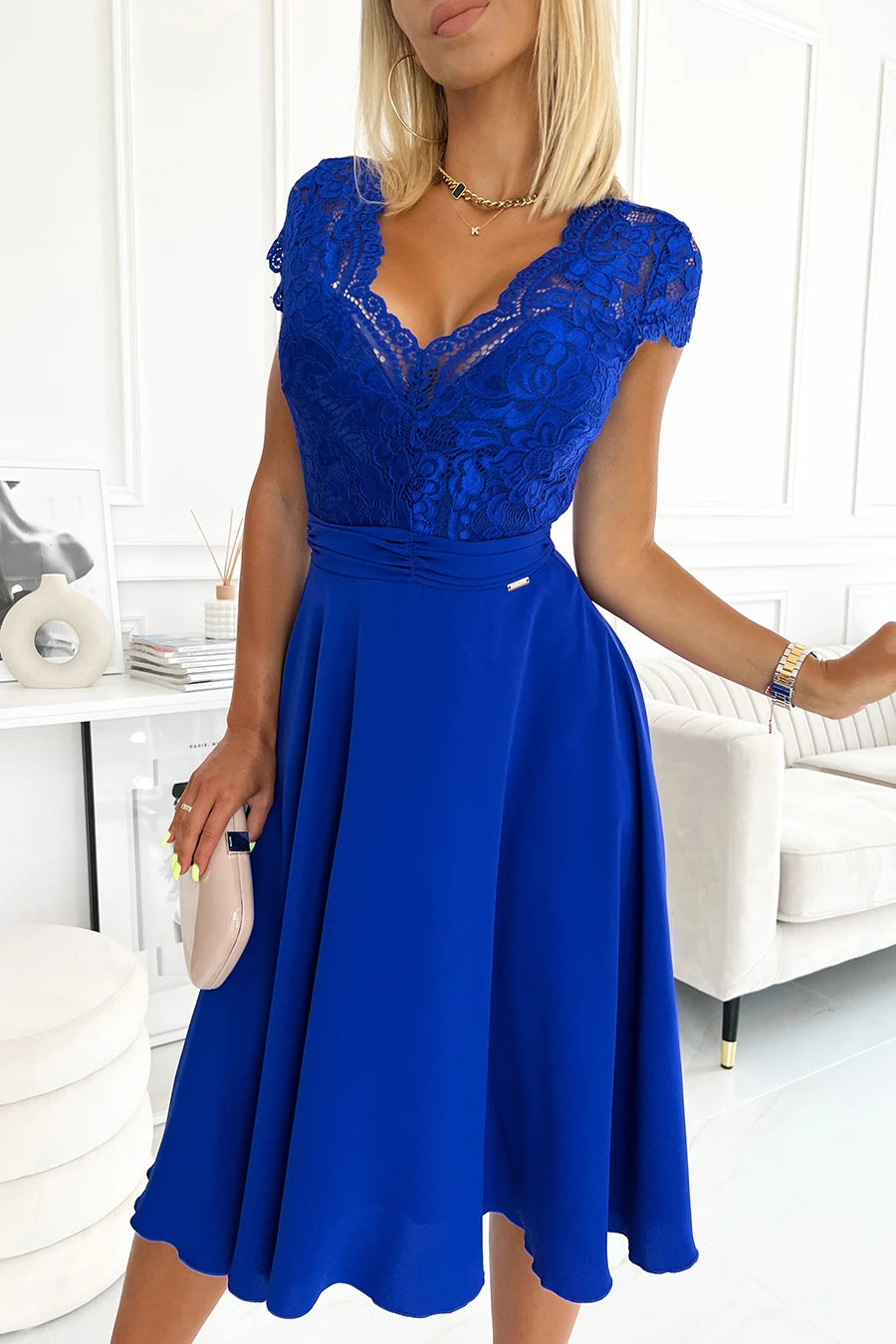 LINDA – chiffon dress with lace neckline – Royal Blue