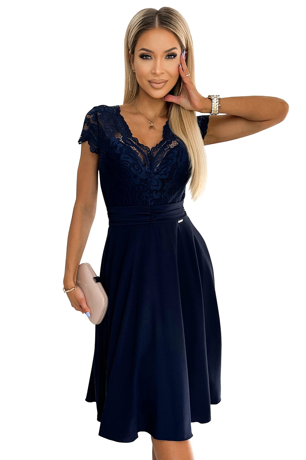 LINDA – chiffon dress with lace neckline – Navy Blue