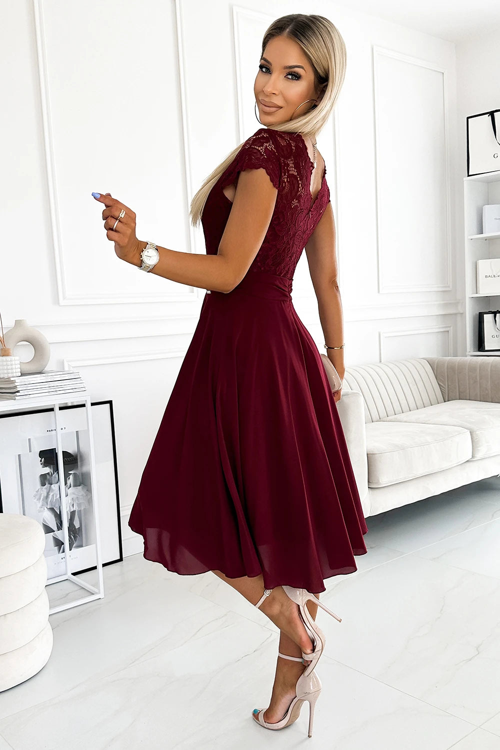LINDA – chiffon dress with lace neckline – Burgundy Color