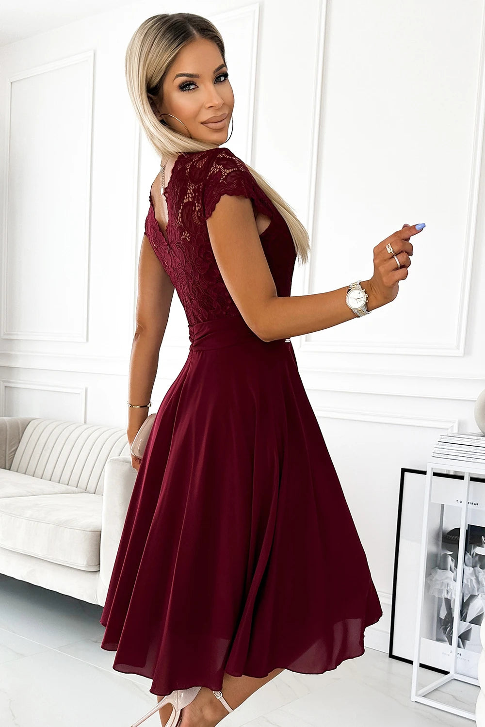 LINDA – chiffon dress with lace neckline – Burgundy Color