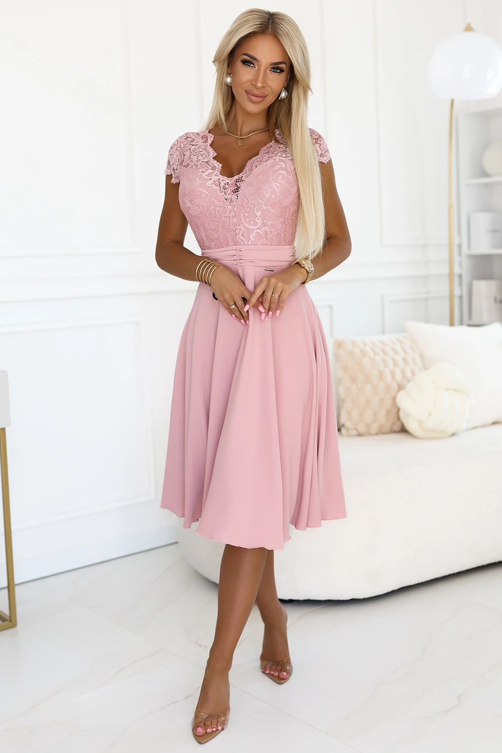 LINDA – chiffon dress with lace neckline – Dirty Pink