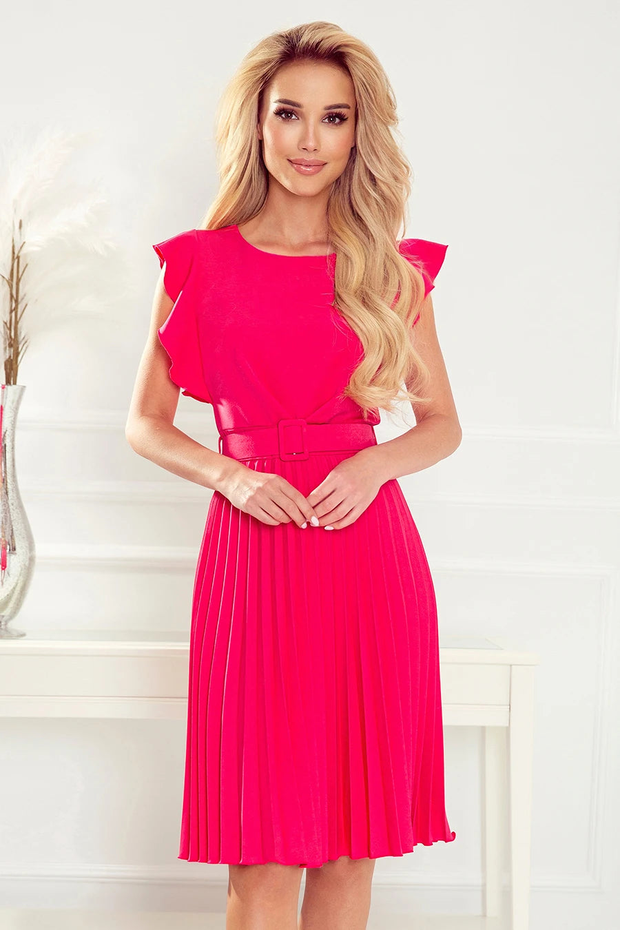 ANTRESOLA 2L LAYLA Pleated dress with a belt – Raspberry Color
