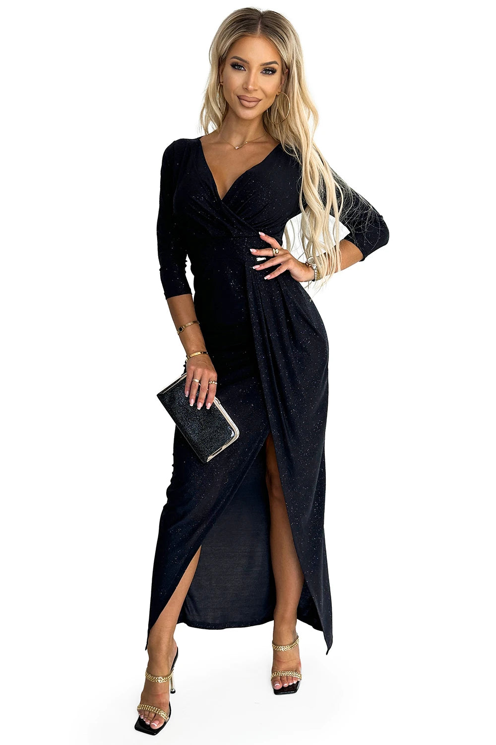 Shiny dress with a neckline and a slit on the leg – Black Color
