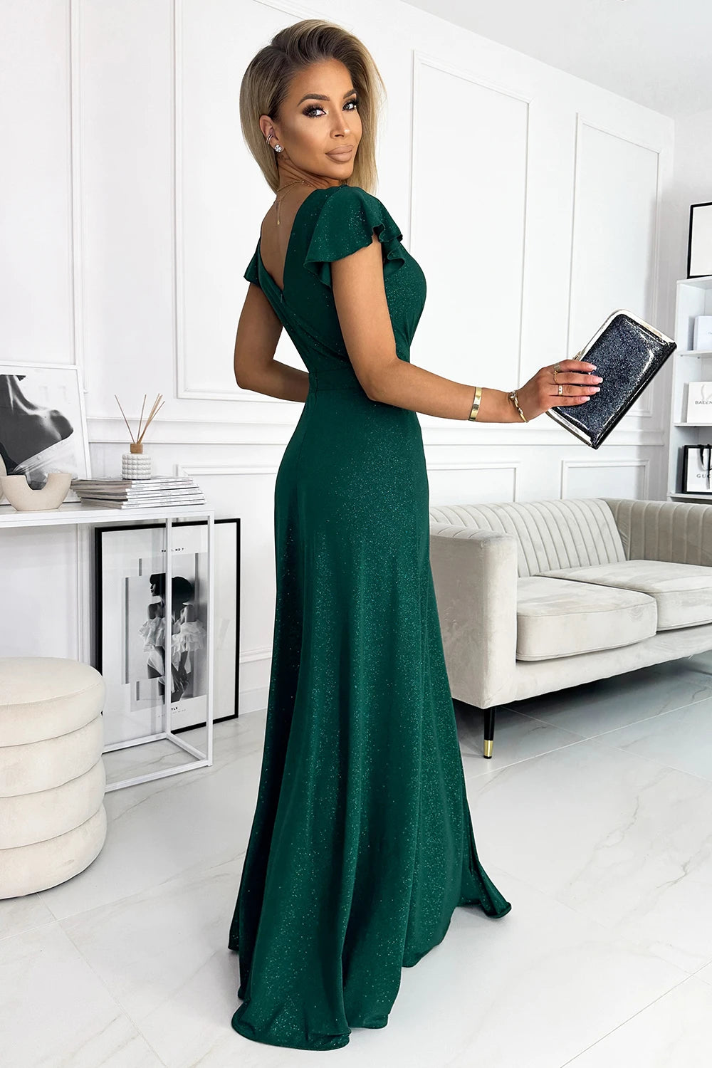 CRYSTAL long shimmering dress with a neckline – Green
