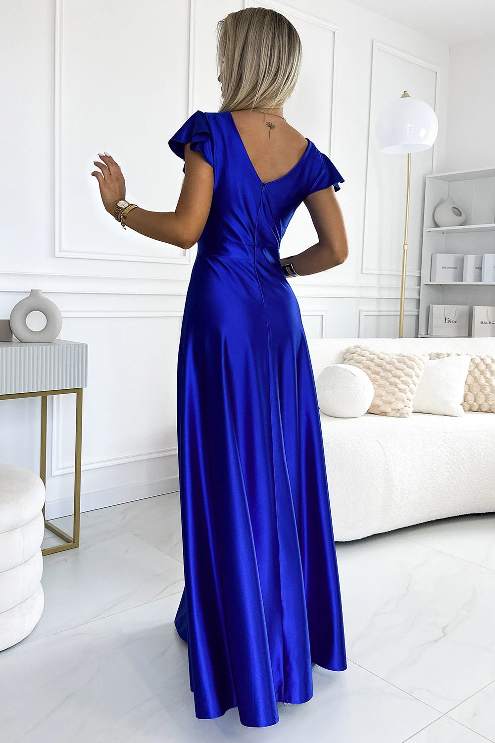 CRYSTAL satin long dress with a neckline – Royal Blue