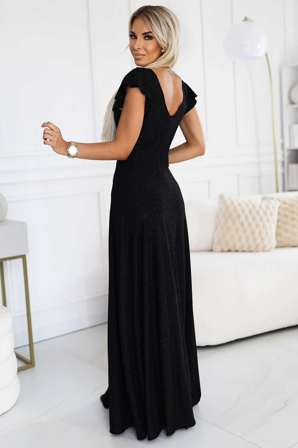 CRYSTAL long shimmering dress with a neckline – Black