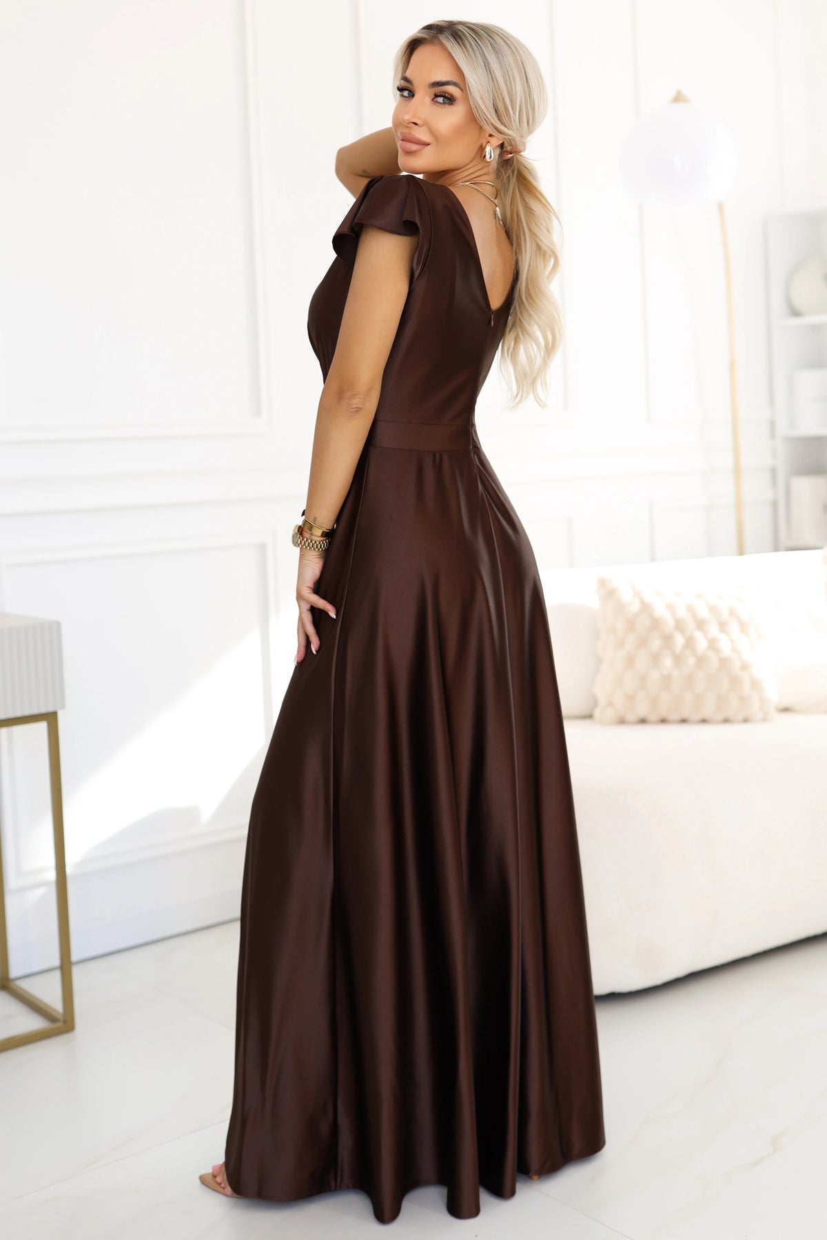 CRYSTAL satin long dress with a neckline – Chocolate