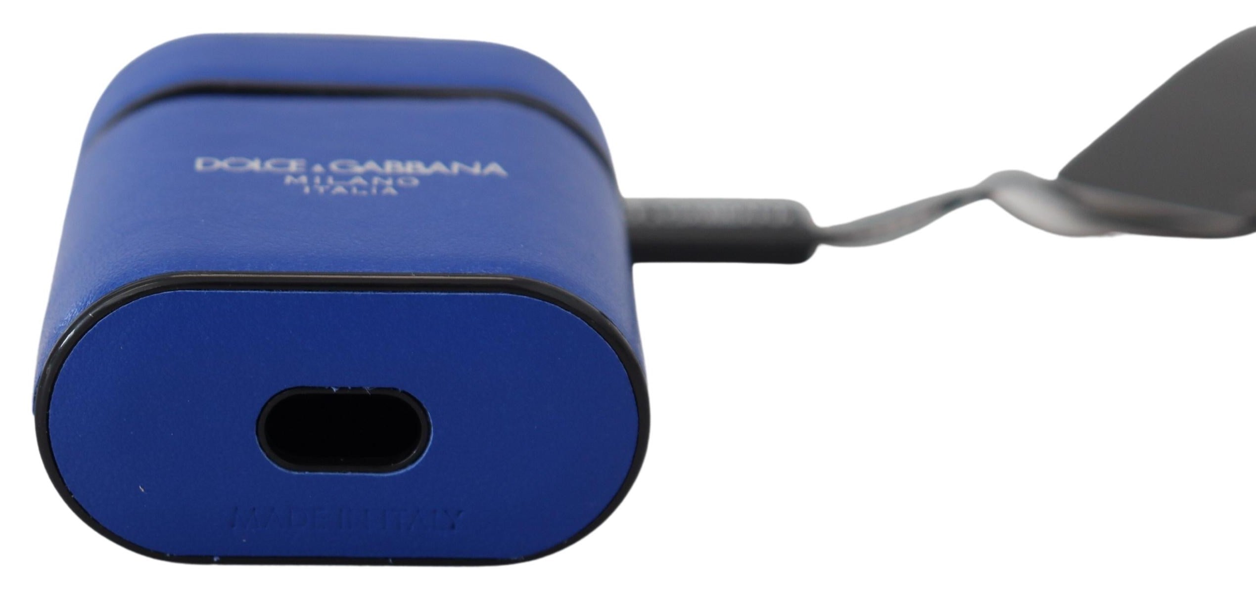 Modrý kožený stříbrný kovový obal s logem pro Airpods