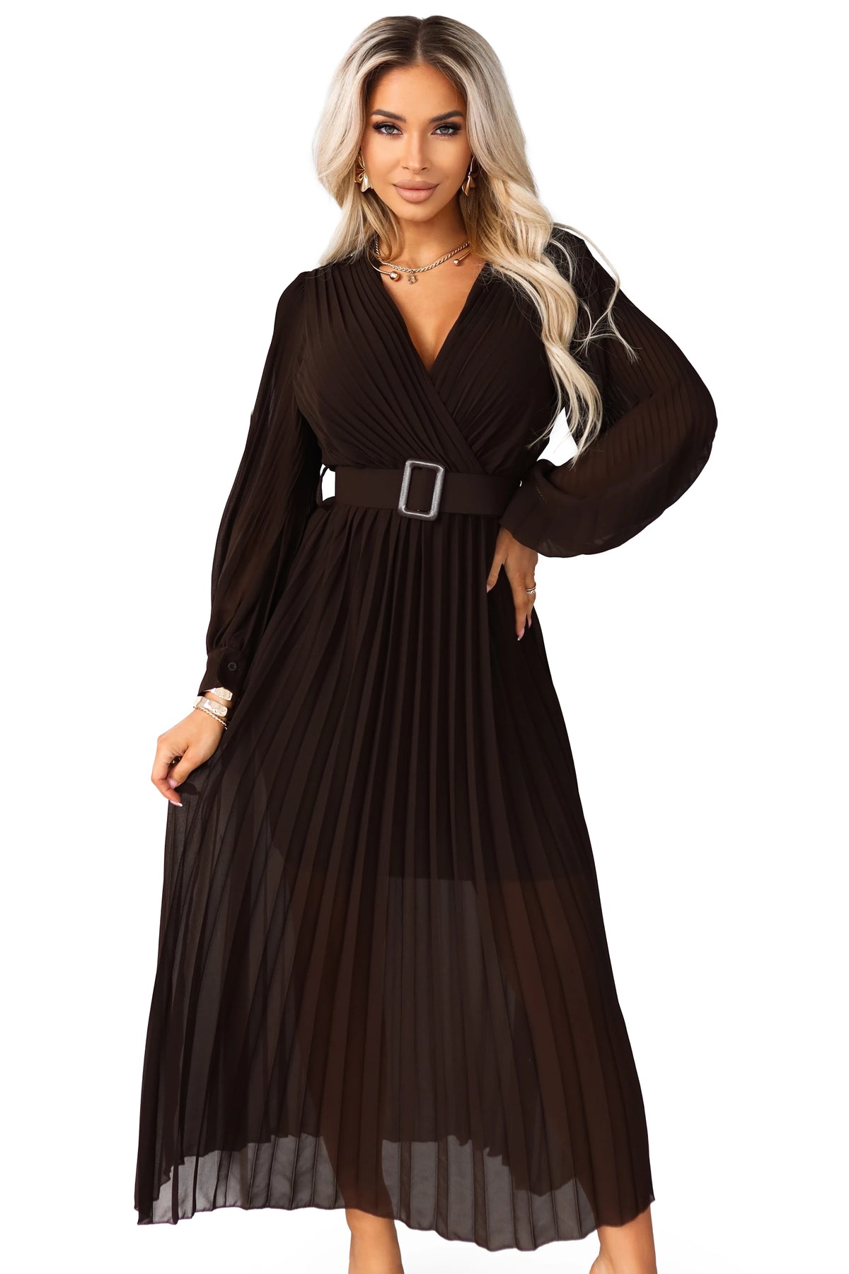KLARA elegant pleated midi dress with a belt and neckline – Chocolate