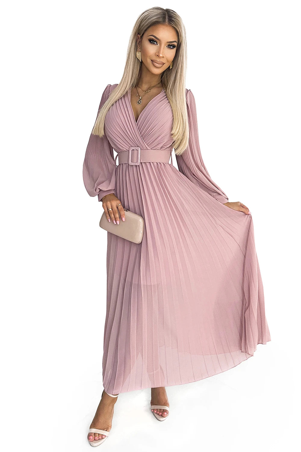 KLARA pleated dress with a belt and a neckline – Powder Pink