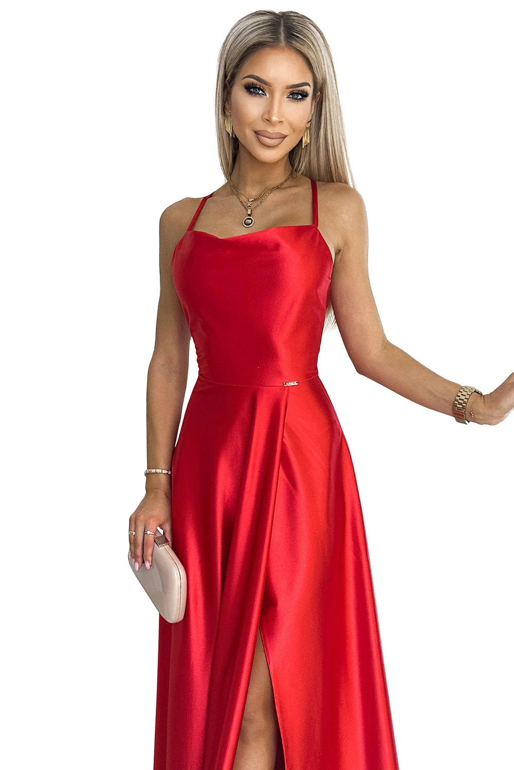 PERLA satin long dress with a neckline on the back – Red