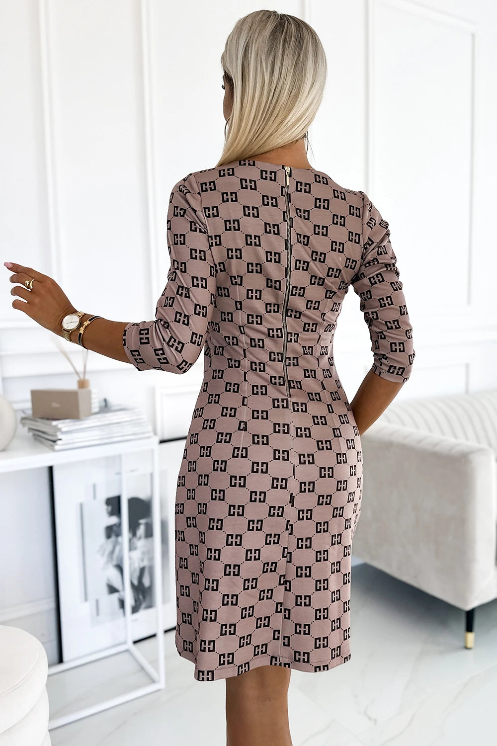 MARY Dress with golden zippers – Beige With A Black Pattern