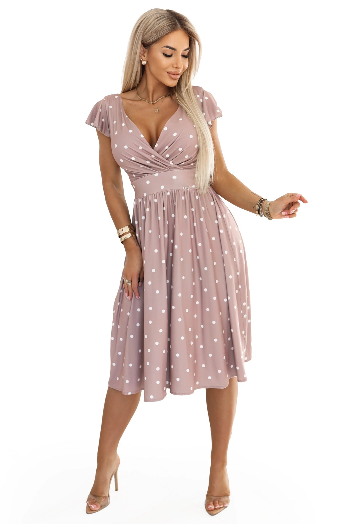 MATILDE Flared midi dress with a wrap neckline and short sleeves – Beige With Polka Dots