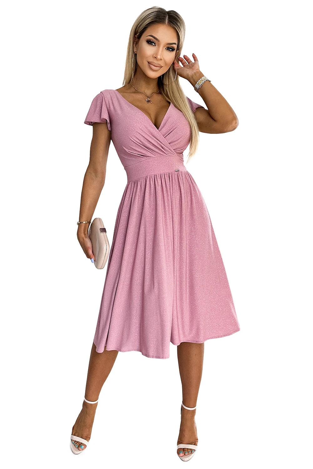 MATILDE Dress with a neckline and short sleeves – Powder Pink With Glitter