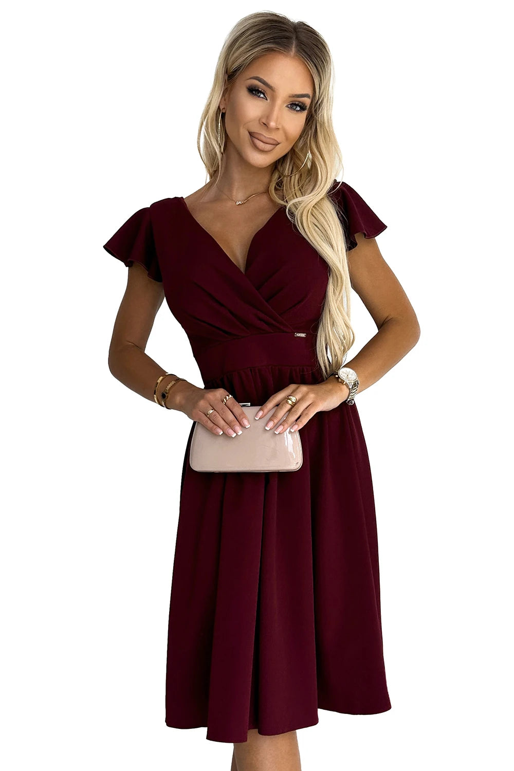 MATILDE Dress with a neckline and short sleeves – Burgundy Color