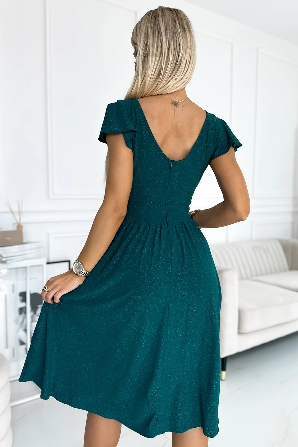 MATILDE Dress with a neckline and short sleeves – Green With Glitter