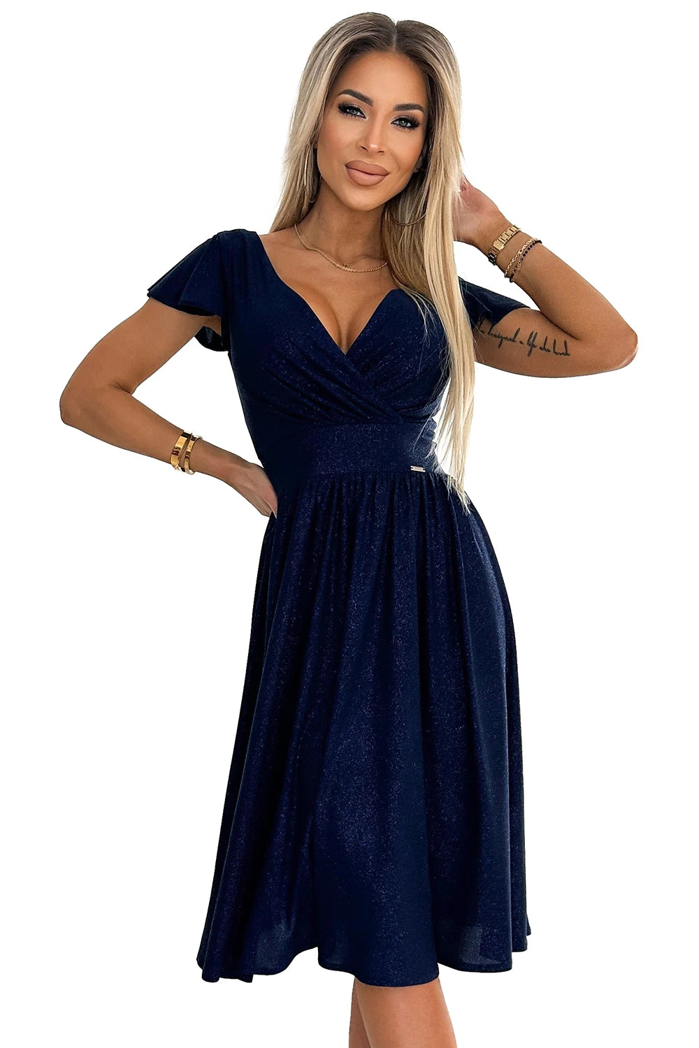 Antresola 5L MATILDE Dress with a neckline and short sleeves – Navy Blue With Glitter