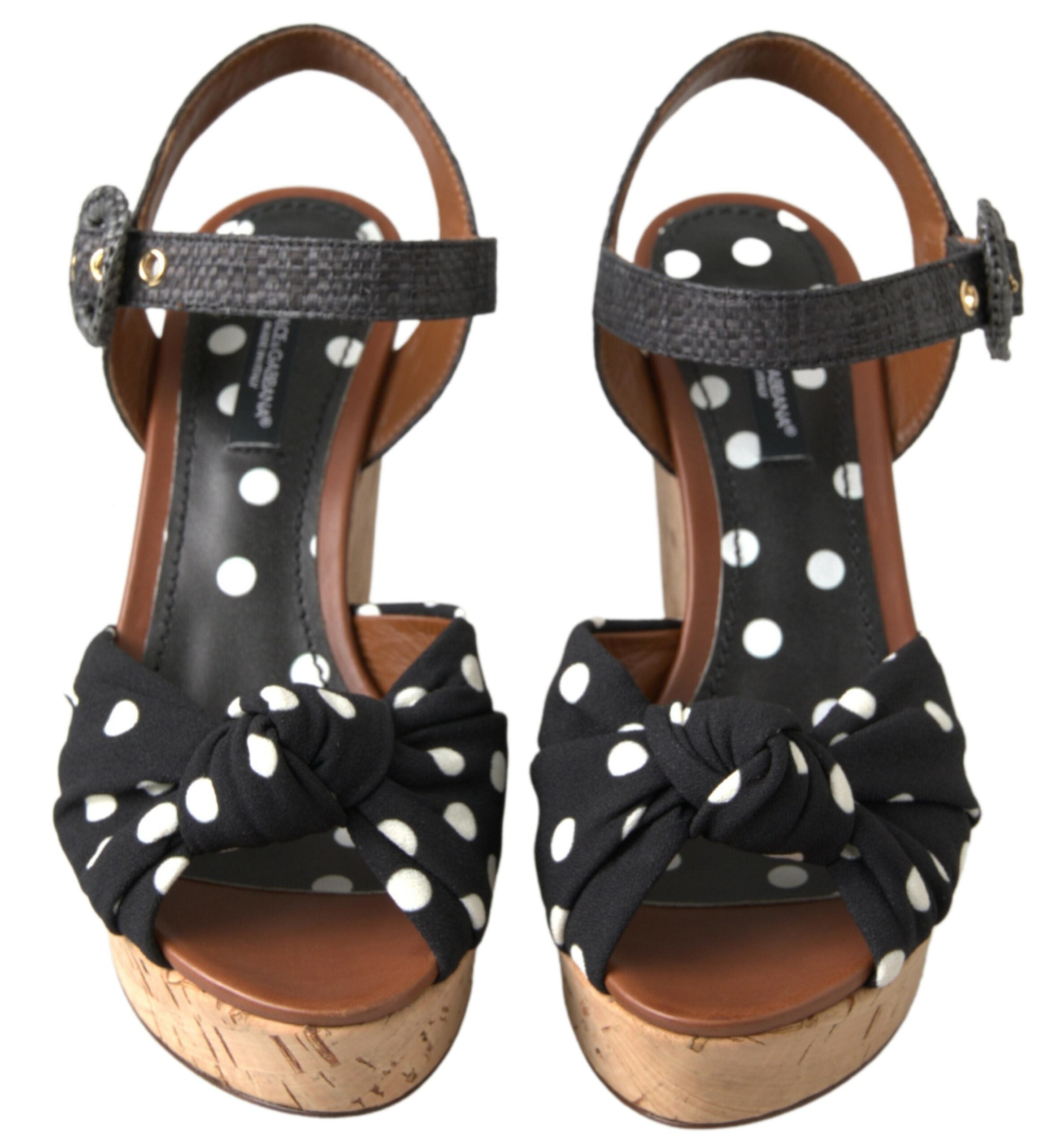 Black Wedges Polka Dotted Ankle Strap Shoes Sandals