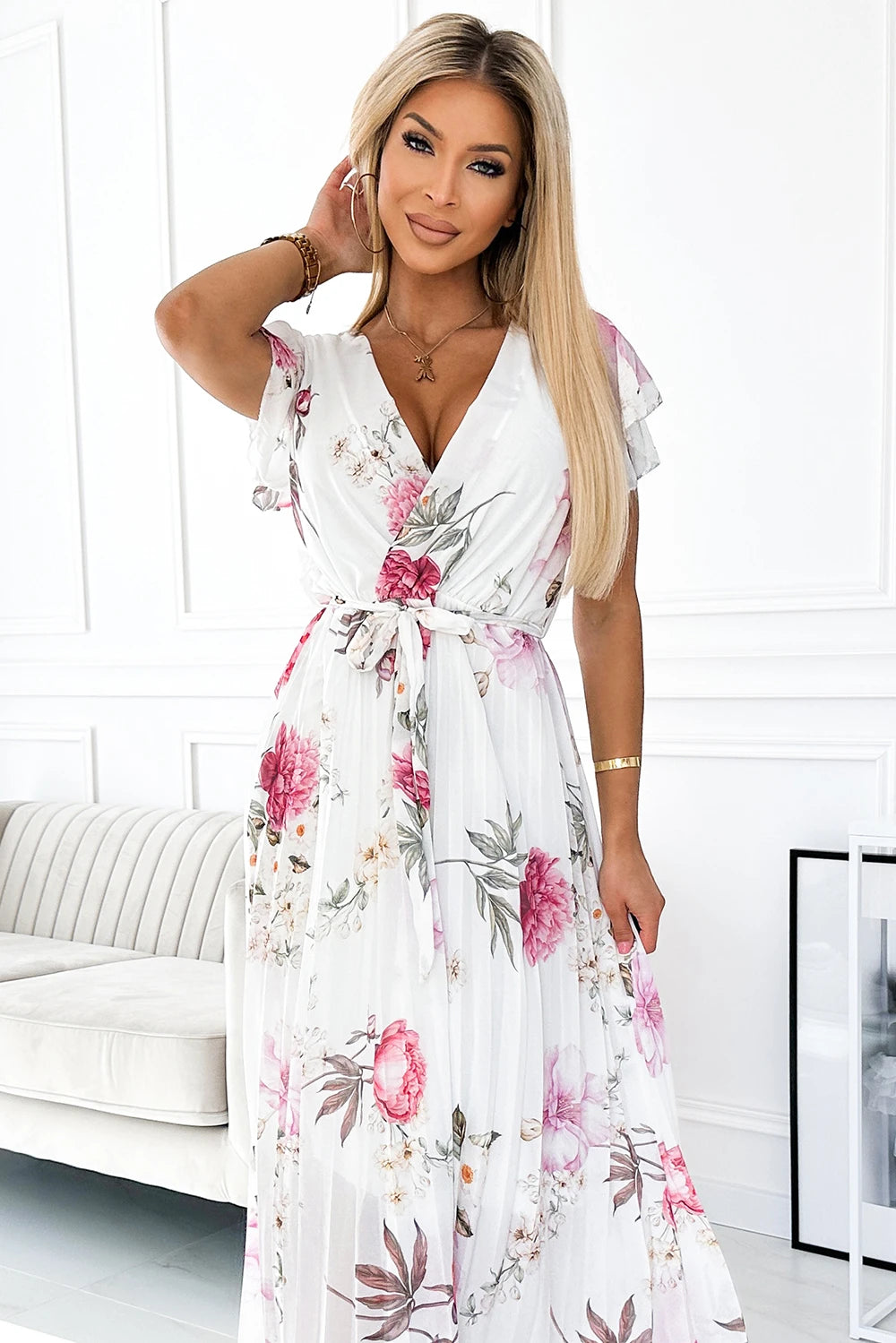 LISA Pleated midi dress with a neckline and frills – Spring Flowers On A White Background