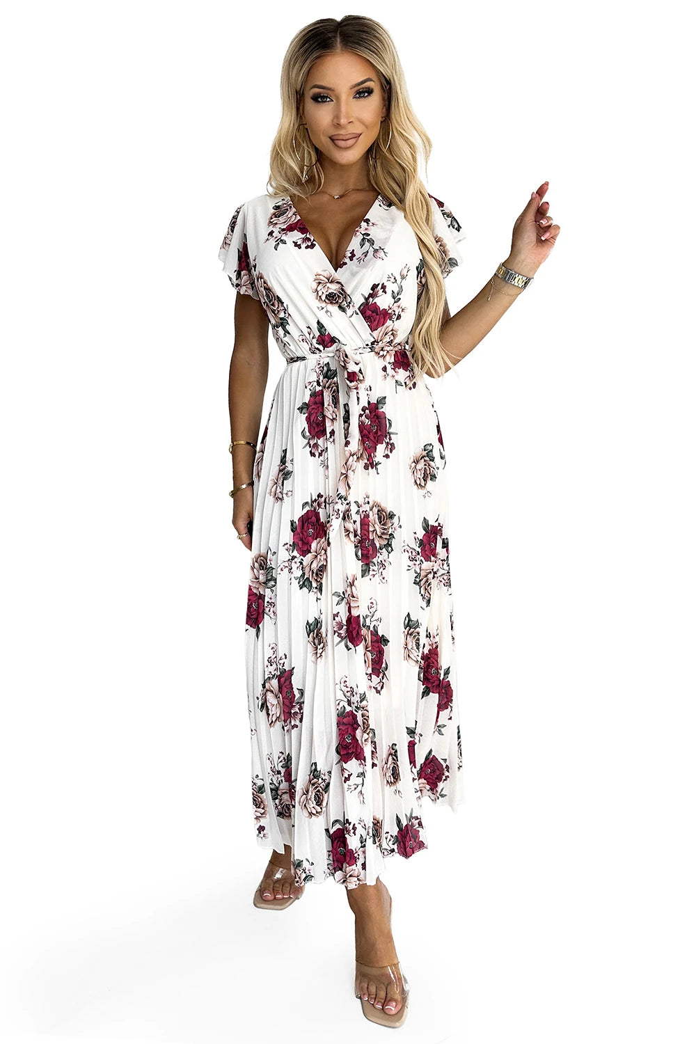 LISA Pleated midi dress with a neckline and frills – Burgundy Roses