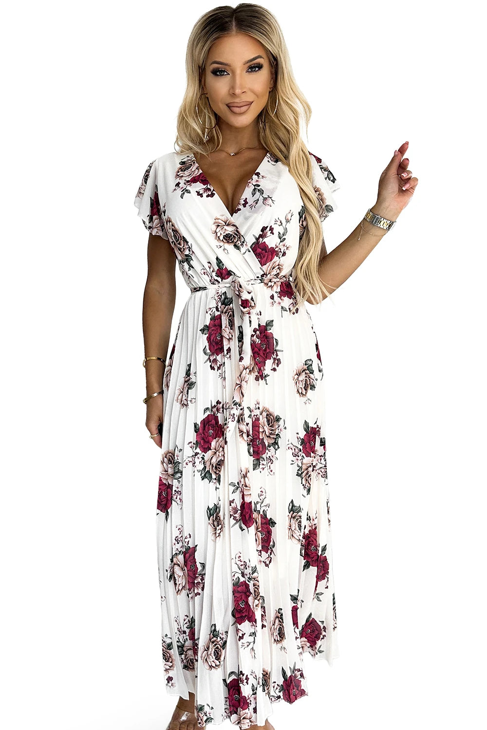 LISA Pleated midi dress with a neckline and frills – Burgundy Roses