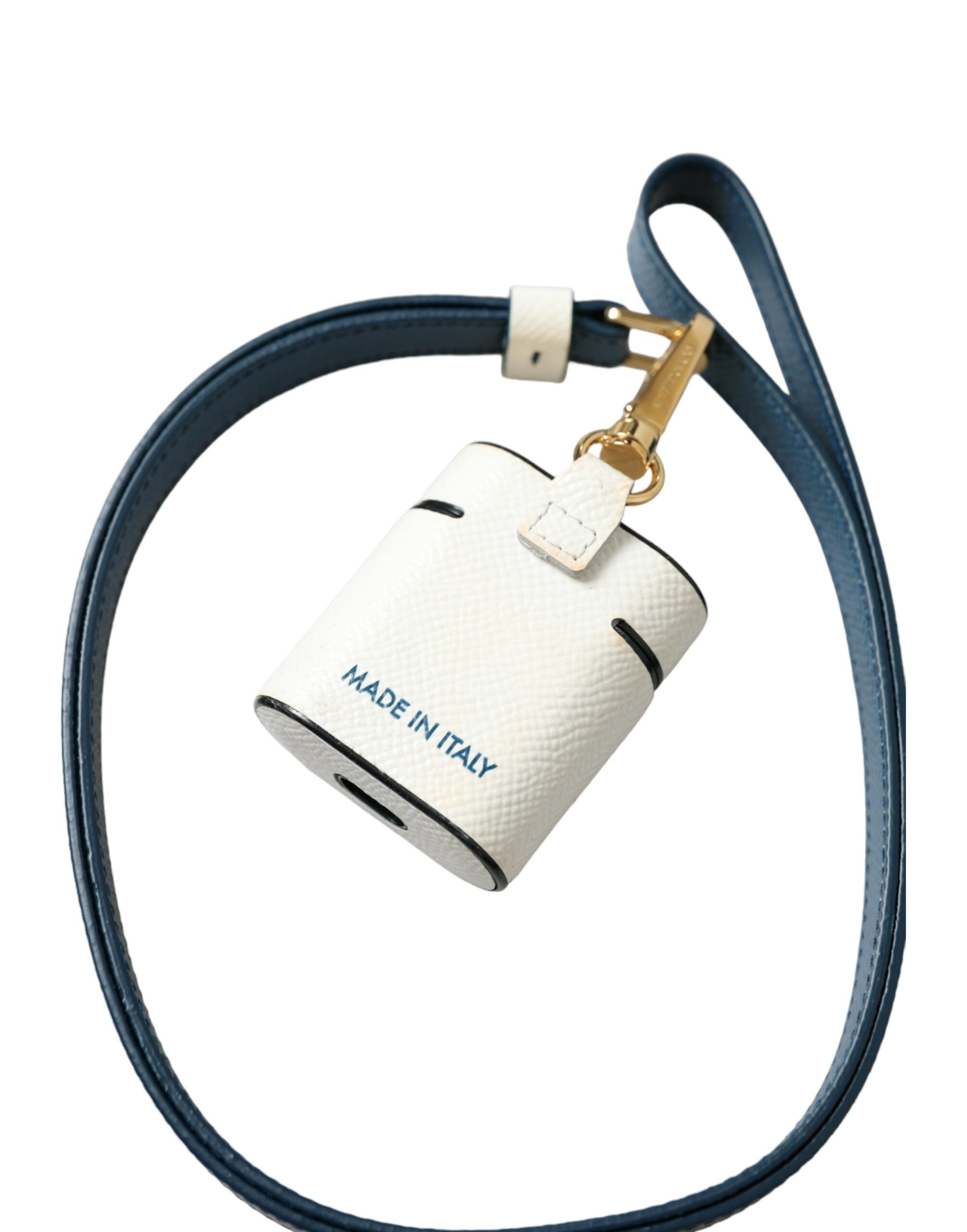 Pouzdro na Airpods s bílým modrým popruhem z telecí kůže a logem