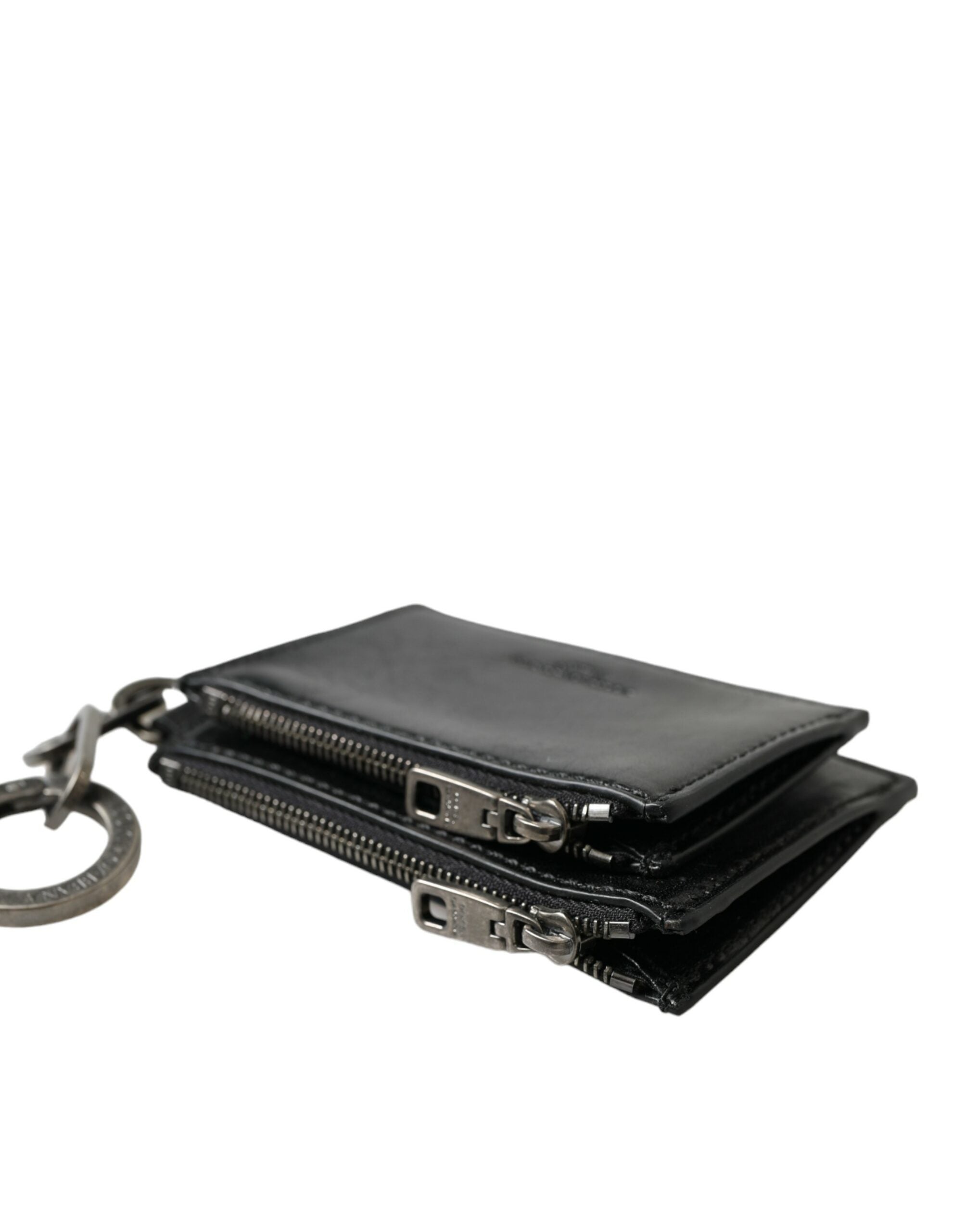 Černá kožená klíčenka s logem na zip a mince, peněženka s přívěskem na klíče