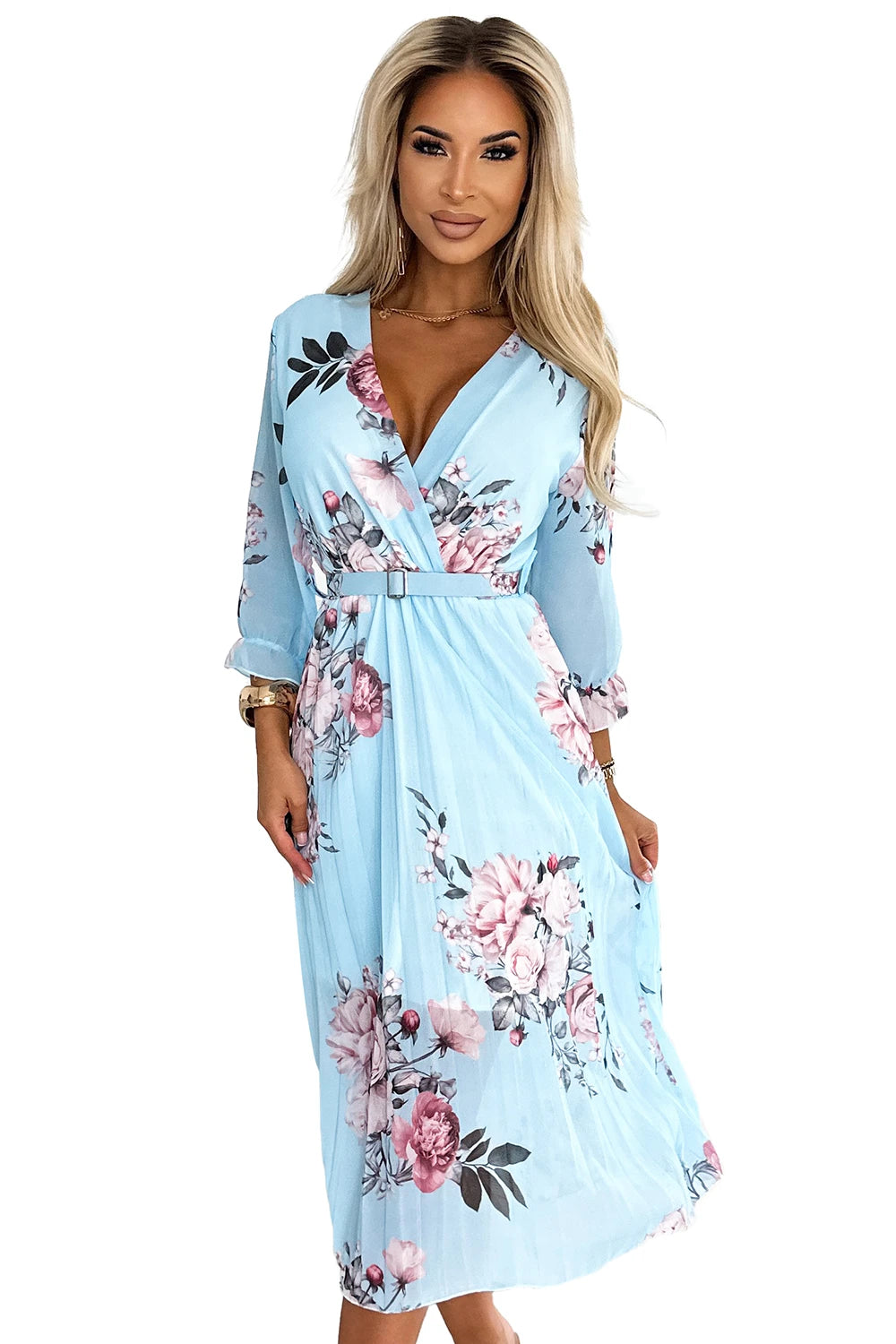 YUNA Pleated midi dress with a neckline and a belt – Roses On A Blue Background